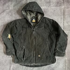 Men's Berne Black Lined Canvas Hooded Zip Up Distressed Active Work Jacket Sz L